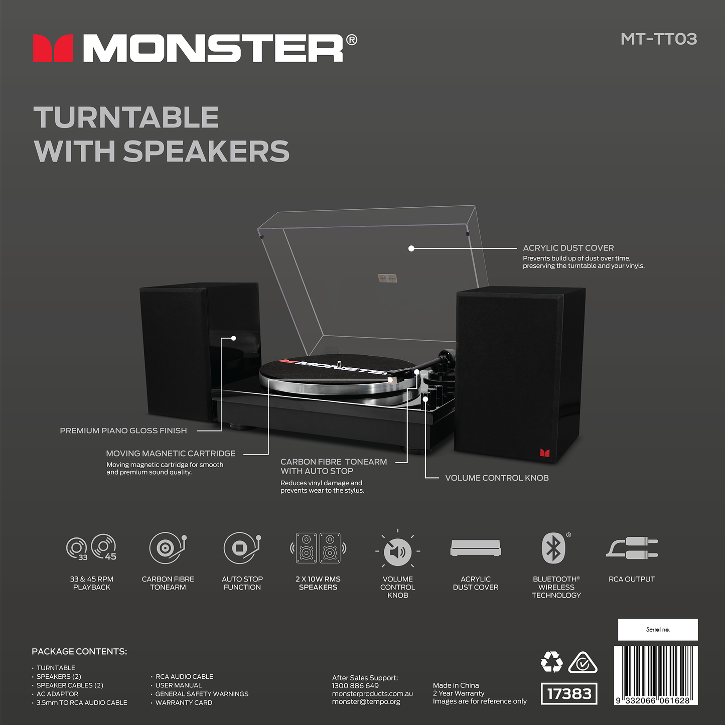 Monster MT-TT03 HIFI Bluetooth 5.0 Turntable with 2 Speakers - Ex Demo Model